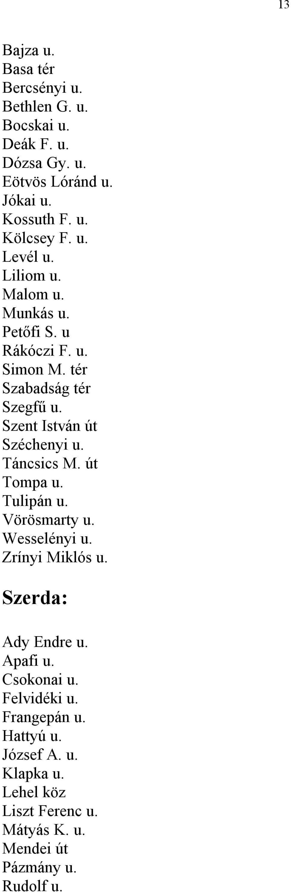 Szent István út Széchenyi u. Táncsics M. út Tompa u. Tulipán u. Vörösmarty u. Wesselényi u. Zrínyi Miklós u. Szerda: Ady Endre u.