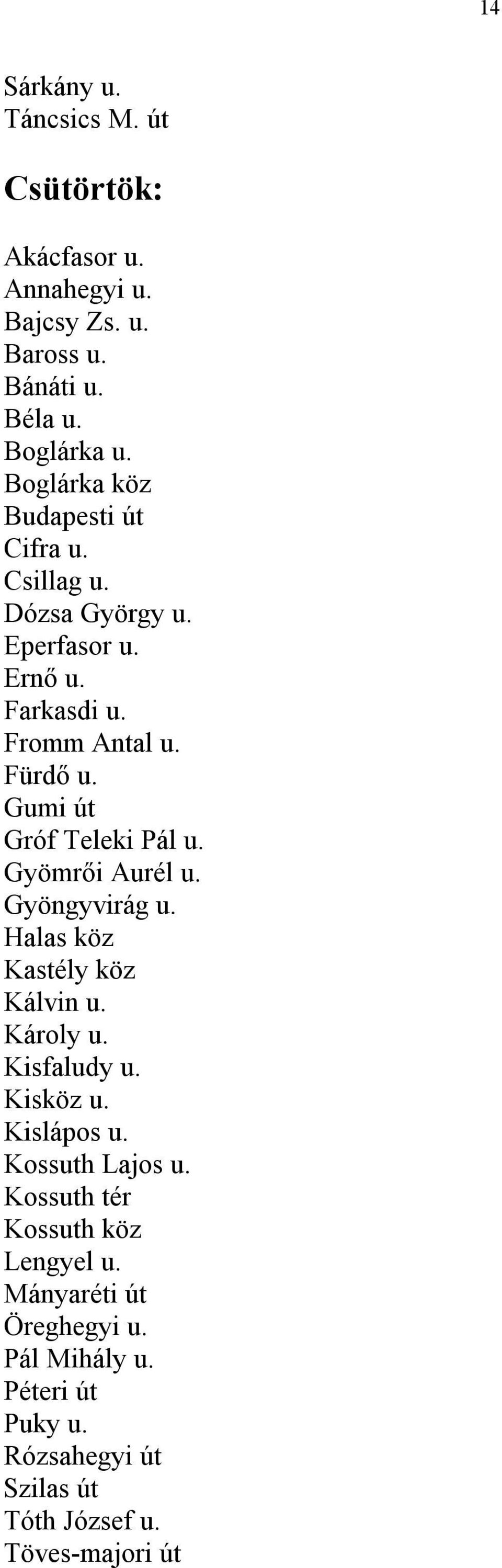 Gumi út Gróf Teleki Pál u. Gyömrői Aurél u. Gyöngyvirág u. Halas köz Kastély köz Kálvin u. Károly u. Kisfaludy u. Kisköz u. Kislápos u.