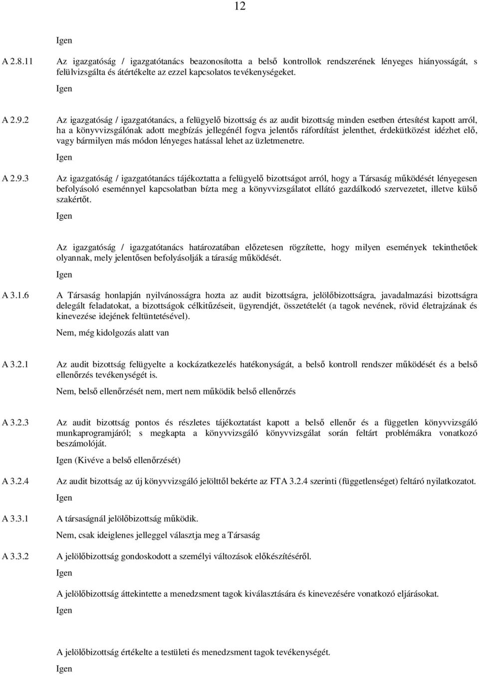 3 Az igazgatóság / igazgatótanács, a felügyel bizottság és az audit bizottság minden esetben értesítést kapott arról, ha a könyvvizsgálónak adott megbízás jellegénél fogva jelent s ráfordítást