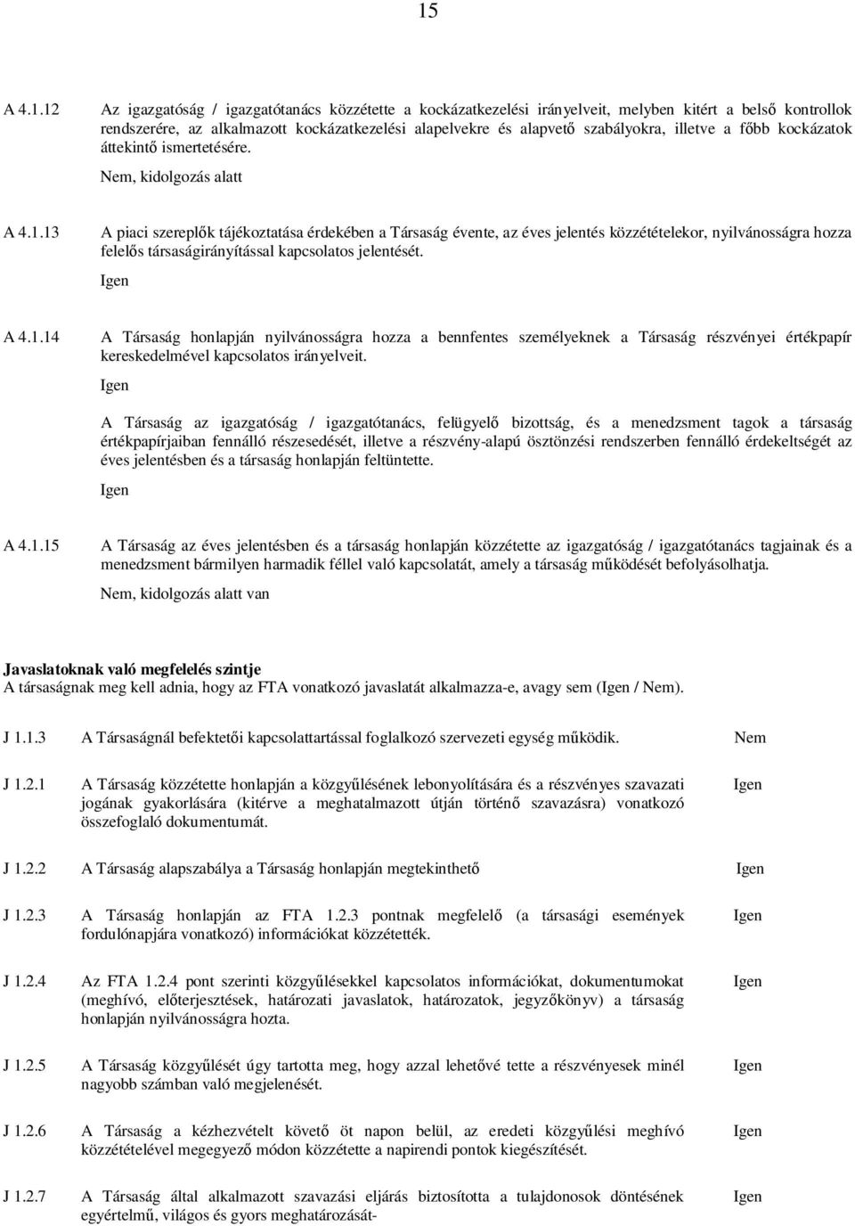 13 A piaci szerepl k tájékoztatása érdekében a Társaság évente, az éves jelentés közzétételekor, nyilvánosságra hozza felel s társaságirányítással kapcsolatos jelentését. A 4.1.14 A Társaság honlapján nyilvánosságra hozza a bennfentes személyeknek a Társaság részvényei értékpapír kereskedelmével kapcsolatos irányelveit.