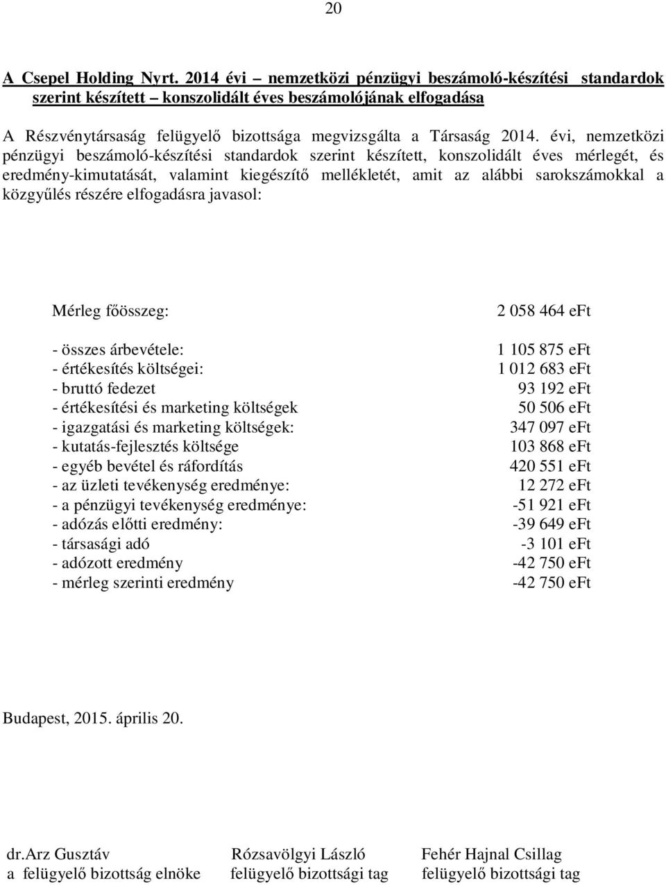 évi, nemzetközi pénzügyi beszámoló-készítési standardok szerint készített, konszolidált éves mérlegét, és eredmény-kimutatását, valamint kiegészít mellékletét, amit az alábbi sarokszámokkal a közgy