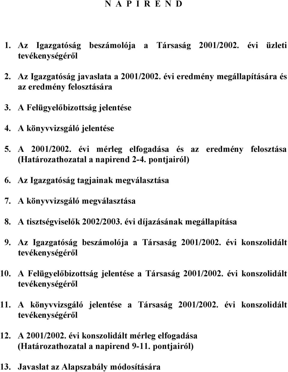 Az Igazgatóság tagjainak megválasztása 7. A könyvvizsgáló megválasztása 8. A tisztségviselők 2002/2003. évi díjazásának megállapítása 9. Az Igazgatóság beszámolója a Társaság 2001/2002.