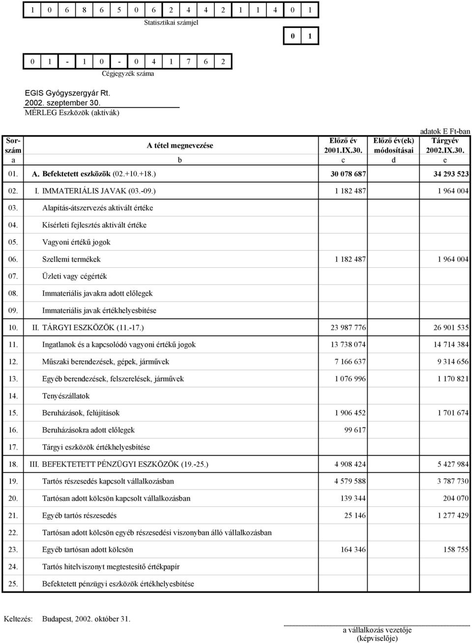 ) 1 182 487 1 964 004 03. Alapítás-átszervezés aktivált értéke 04. Kísérleti fejlesztés aktivált értéke 05. Vagyoni értékű jogok 06. Szellemi termékek 1 182 487 1 964 004 07. Üzleti vagy cégérték 08.