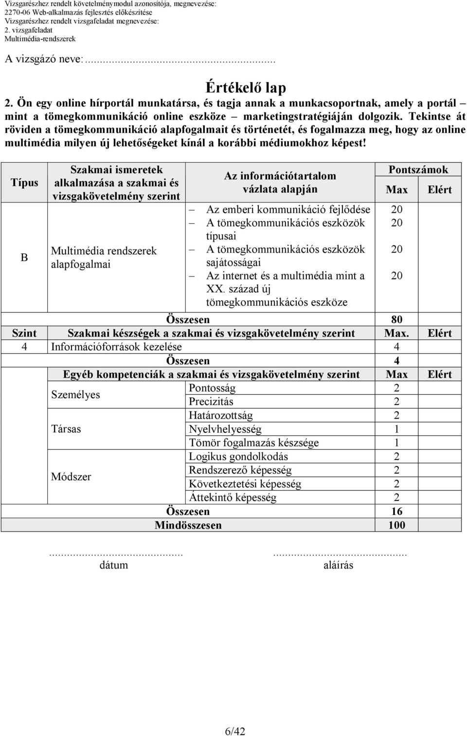 Típus Szakmai ismeretek alkalmazása a szakmai és vizsgakövetelmény szerint Multimédia rendszerek alapfogalmai Pontszámok Az információtartalom vázlata alapján Max Elért Az emberi kommunikáció