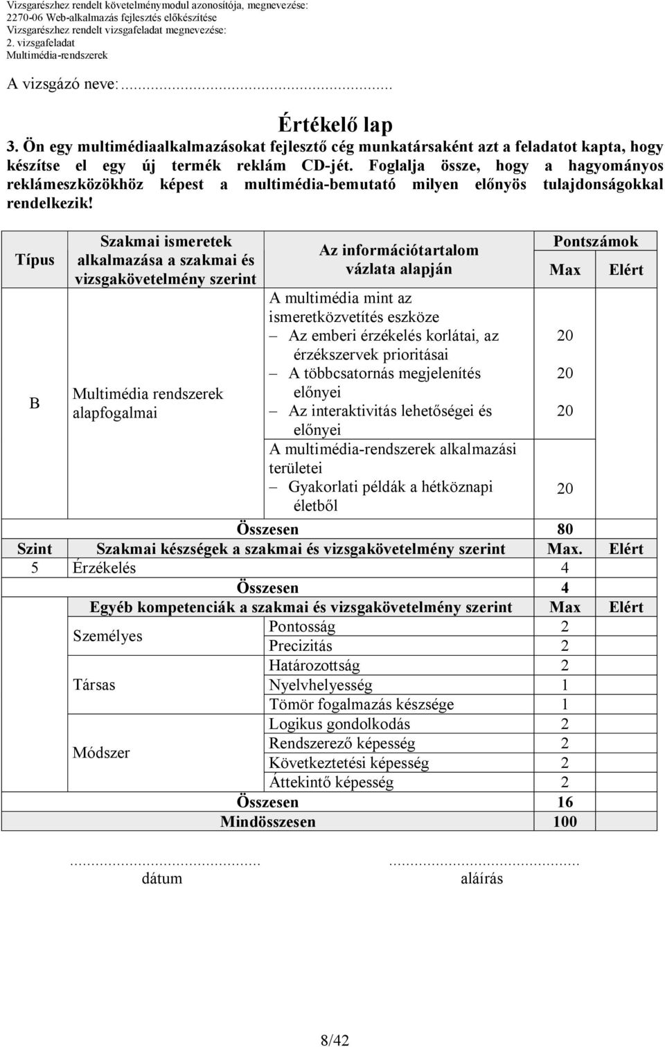 Típus Szakmai ismeretek alkalmazása a szakmai és vizsgakövetelmény szerint Multimédia rendszerek alapfogalmai Pontszámok Az információtartalom vázlata alapján Max Elért A multimédia mint az
