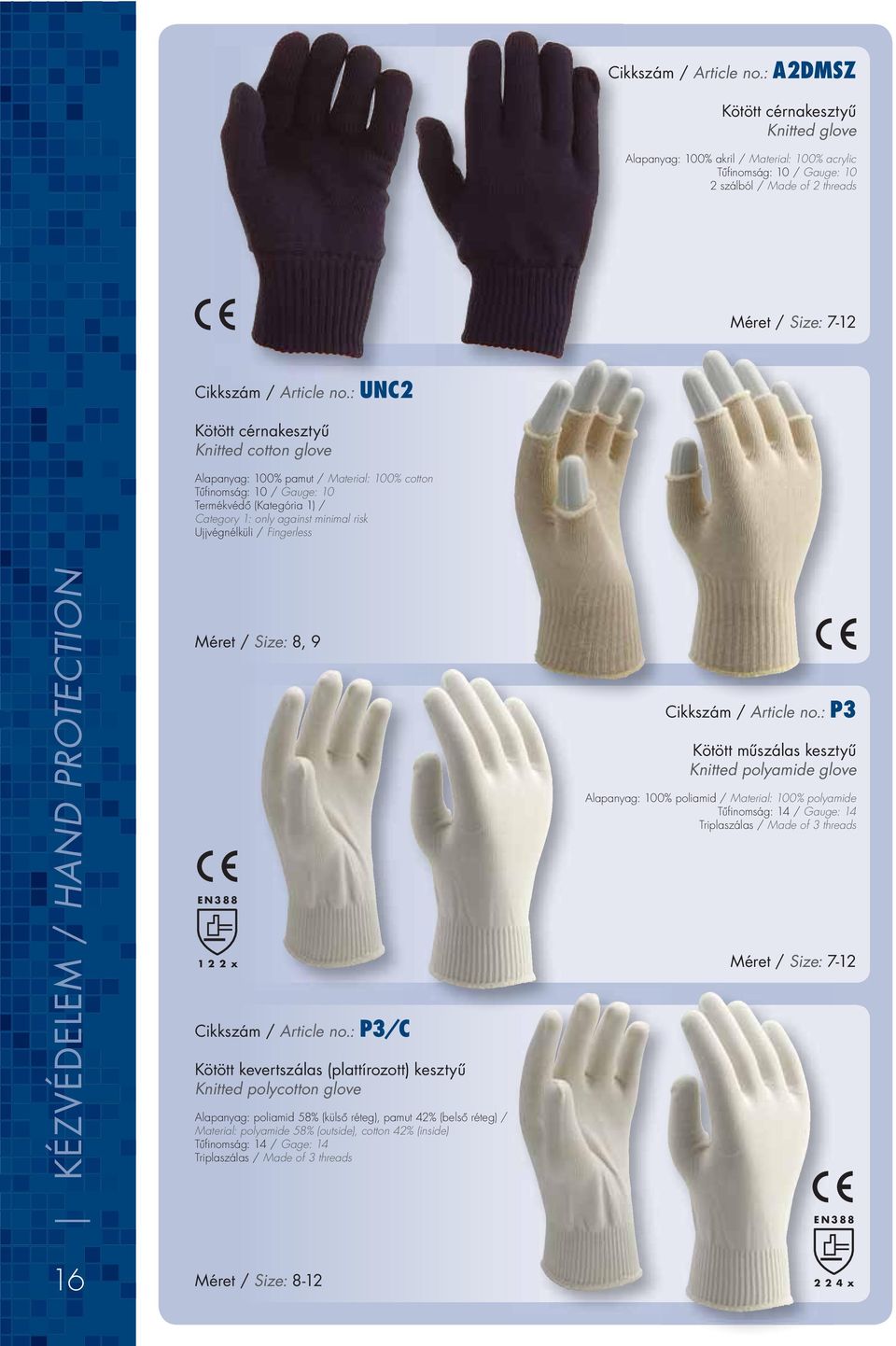 Knitted cotton glove Alapanyag: 100% pamut / Material: 100% cotton Tûfi nomság: 10 / Gauge: 10 Termékvédô (Kategória 1) / Category 1: only against minimal risk Ujjvégnélküli / Fingerless KÉZVÉDELEM /