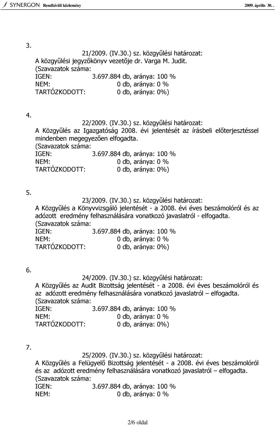 évi éves beszámolóról és az adózott eredmény felhasználására vonatkozó javaslatról - elfogadta. 6. 24/2009. (IV.30.) sz. közgyűlési határozat: A Közgyűlés az Audit Bizottság jelentését - a 2008.