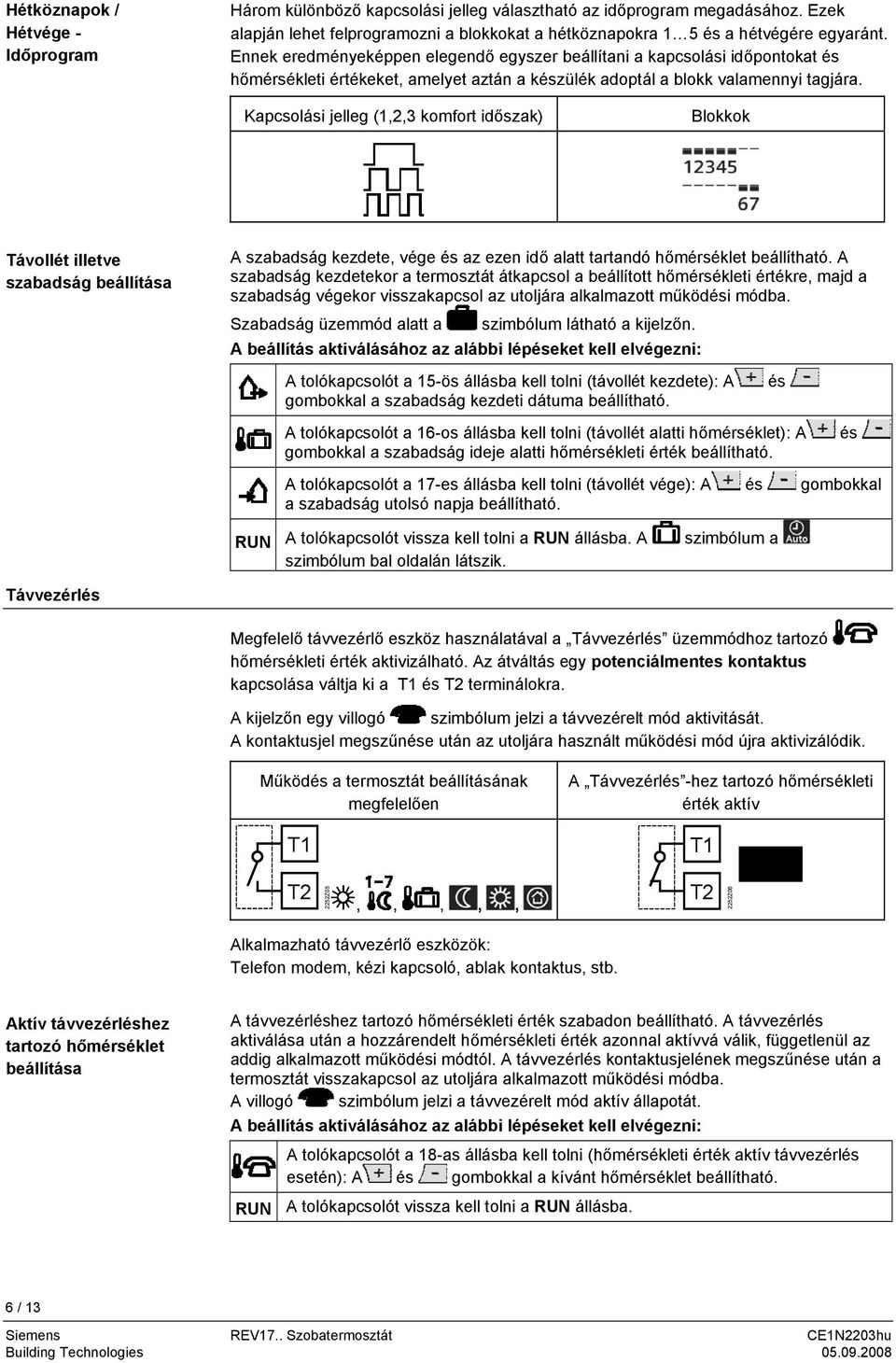 Kapcsolási jelleg (1,2,3 komfort időszak) Blokkok ávollét illetve szabadság beállítása A szabadság kezdete, vége és az ezen idő alatt tartandó hőmérséklet beállítható.