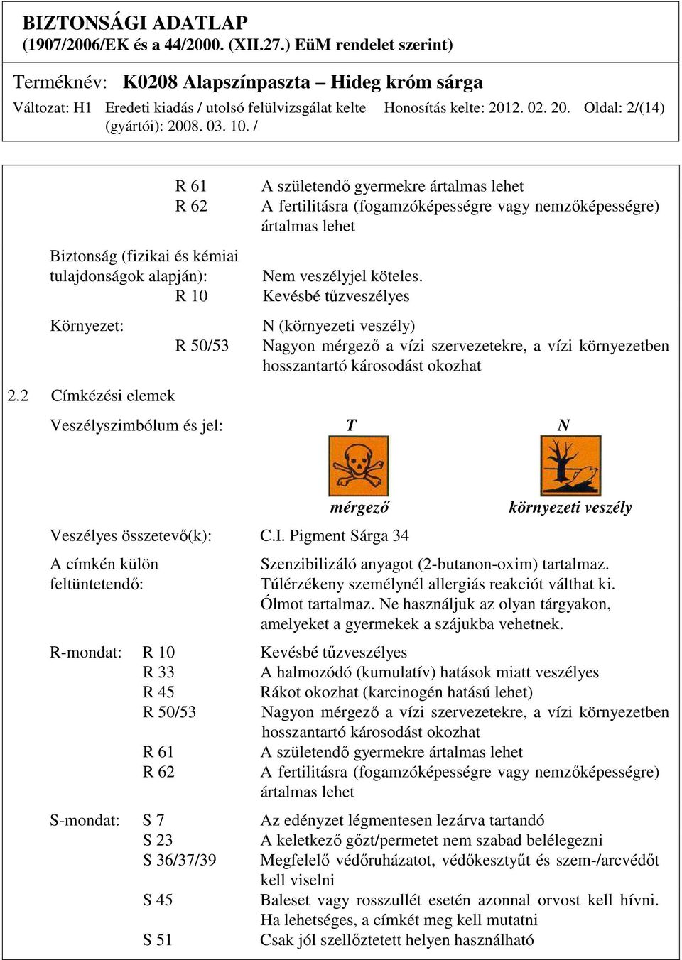 Kevésbé tűzveszélyes N (környezeti veszély) Nagyon mérgező a vízi szervezetekre, a vízi környezetben hosszantartó károsodást okozhat Veszélyszimbólum és jel: T N mérgező Veszélyes összetevő(k): C.I.