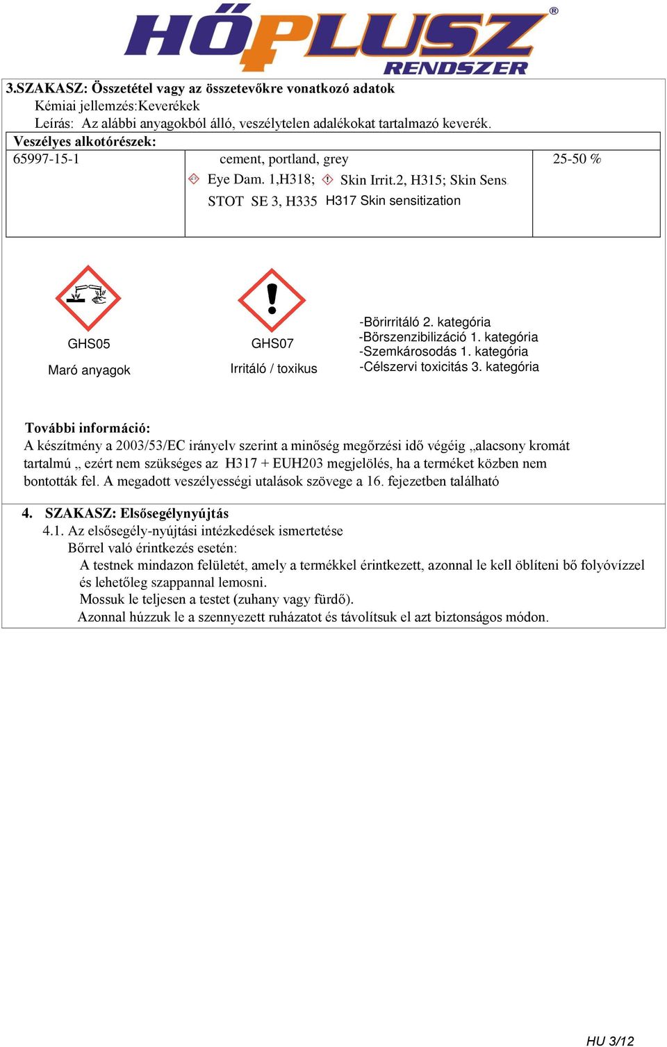1, H317; STOT SE 3, H335 H317 Skin sensitization GHS05 Maró anyagok GHS07 Irritáló / toxikus -Börirritáló 2. kategória -Börszenzibilizáció 1. kategória -Szemkárosodás 1.