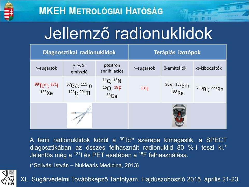 188 Re 213 Bi; 223 Ra A fenti radionuklidok közül a 99 Tc m szerepe kimagaslik, a SPECT diagosztikában az összes felhasznált