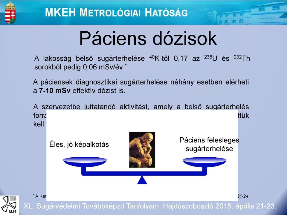 A szervezetbe juttatandó aktivitást, amely a belső sugárterhelés forrása, két, egymással szemben álló tényező szabja meg, közöttük