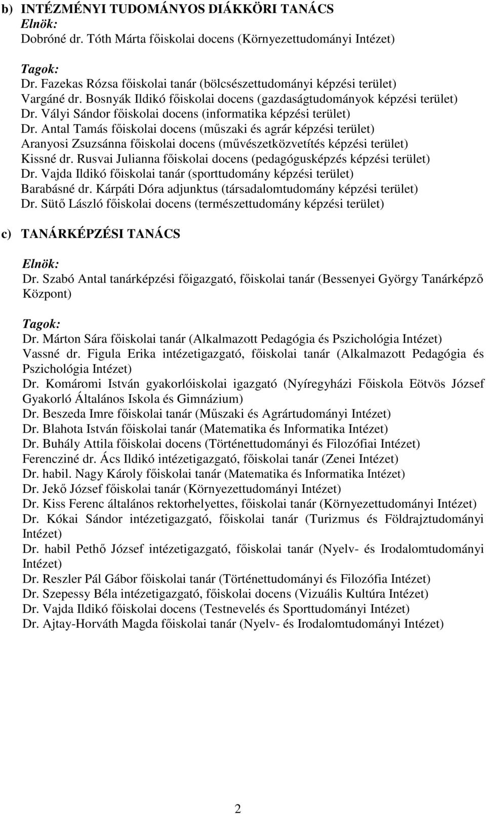 Antal Tamás főiskolai docens (műszaki és agrár képzési terület) Aranyosi Zsuzsánna főiskolai docens (művészetközvetítés képzési terület) Kissné dr.