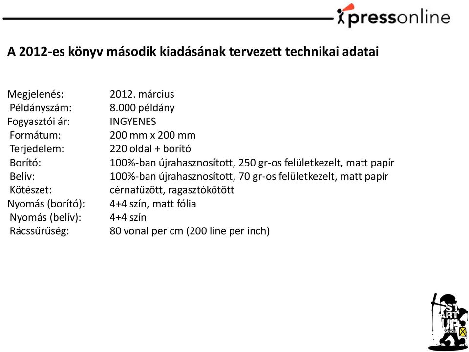 000 példány INGYENES 200 mm x 200 mm 220 oldal + borító 100%-ban újrahasznosított, 250 gr-os felületkezelt, matt papír