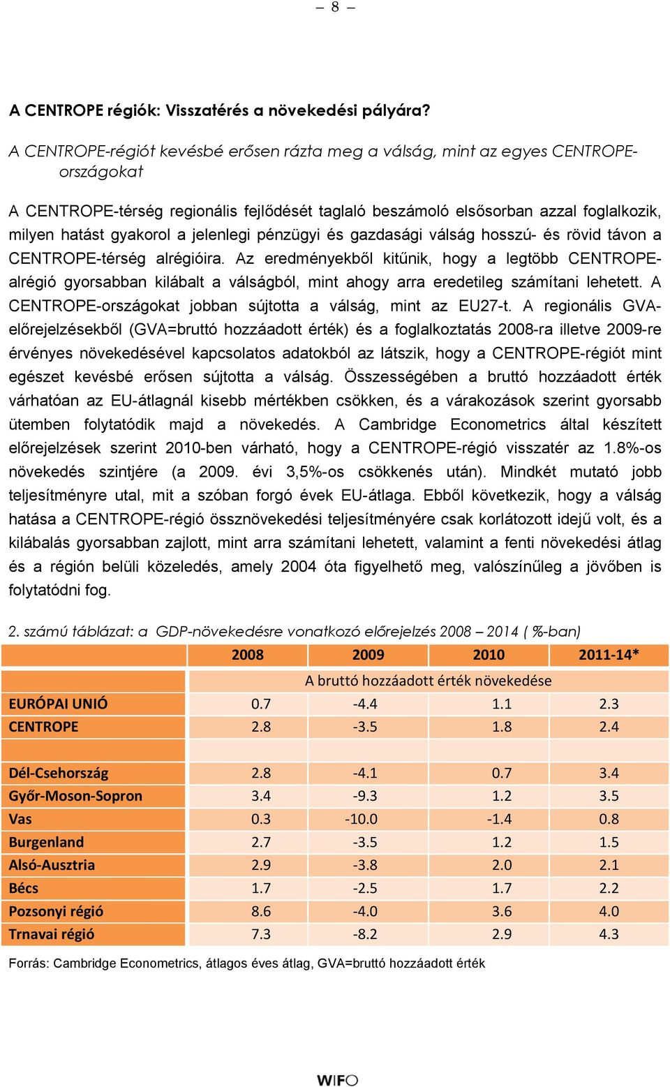 jelenlegi pénzügyi és gazdasági válság hosszú- és rövid távon a CENTROPE-térség alrégióira.