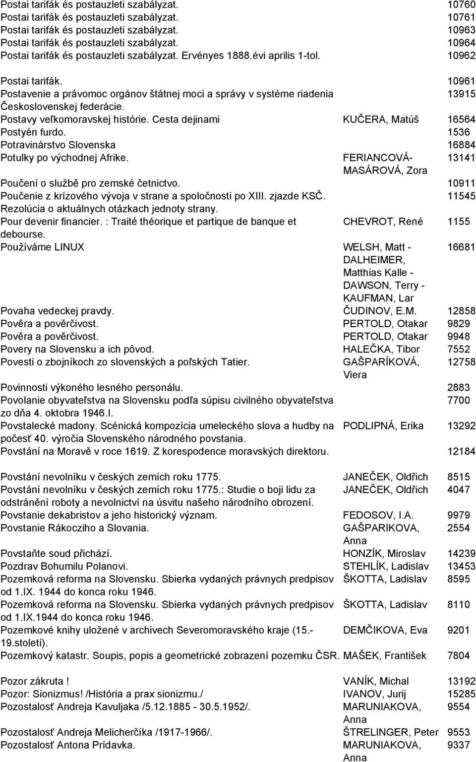 10961 Postavenie a právomoc orgánov štátnej moci a správy v systéme riadenia 13915 Československej federácie. Postavy veľkomoravskej histórie. Cesta dejinami KUČERA, Matúš 16564 Postyén furdo.