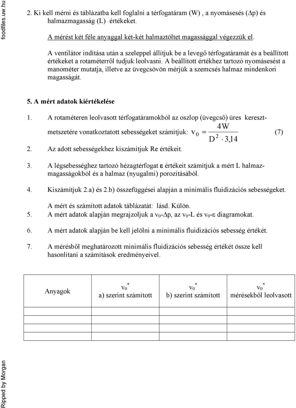 A beállított értékhez tartozó nyoásesést a anoéter utatja, illetve az üvegcsövön érjük a szecsés halaz indenkori agasságát. 5. A adatok kiértékelése 1.