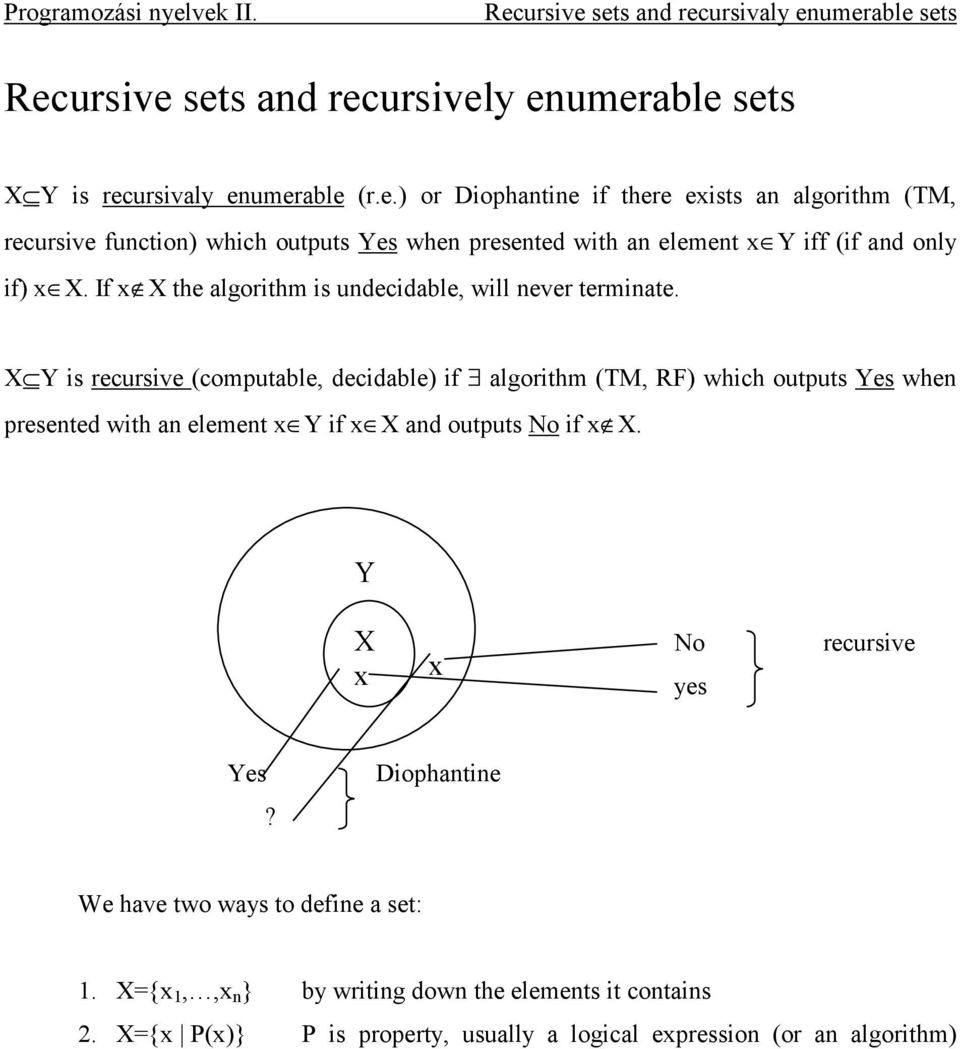 X Y is recursive (computable, decidable) if algorithm (TM, RF) which outputs Yes when presented with an element x Y if x X and outputs No if x X.