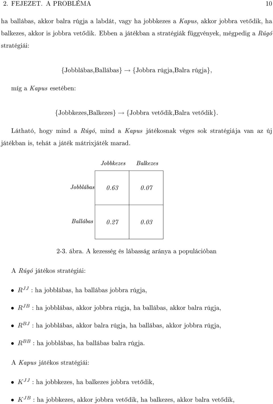 Látható, hogy mind a Rúgó, mind a Kapus játékosnak véges sok stratégiája van az új játékban is, tehát a játék mátrixjáték marad. Jobbkezes Balkezes Jobblábas 0.63 0.07 Ballábas 0.27 0.03 2-3. ábra.