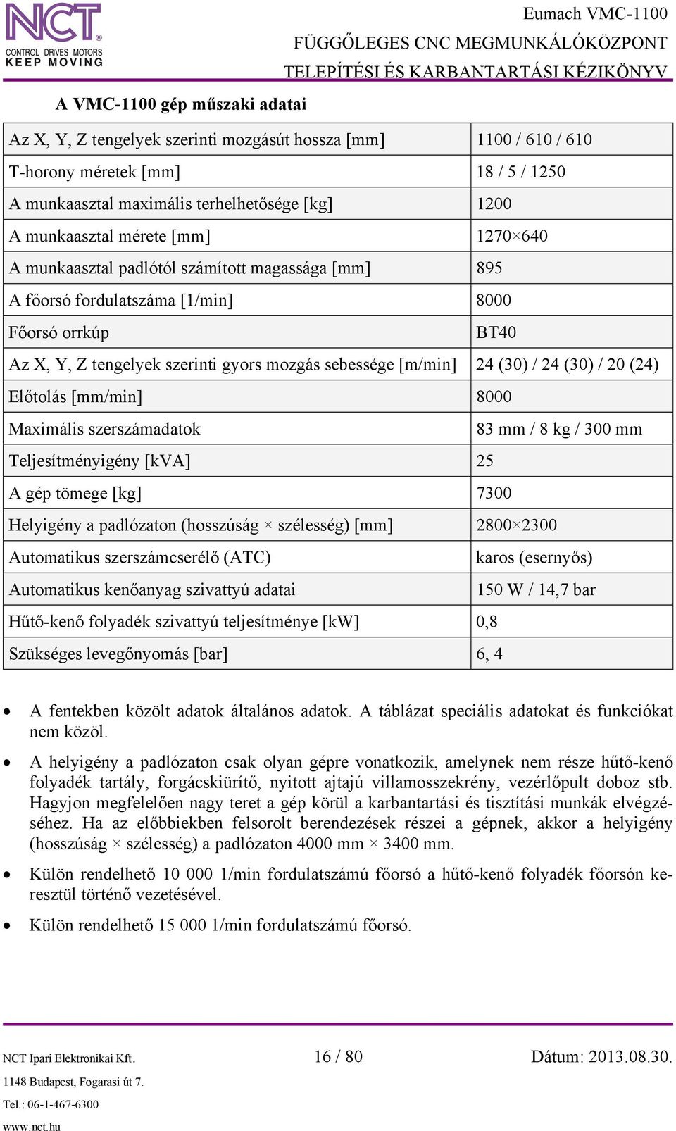 24 (30) / 20 (24) Előtolás [mm/min] 8000 Maximális szerszámadatok 83 mm / 8 kg / 300 mm Teljesítményigény [kva] 25 A gép tömege [kg] 7300 Helyigény a padlózaton (hosszúság szélesség) [mm] 2800 2300