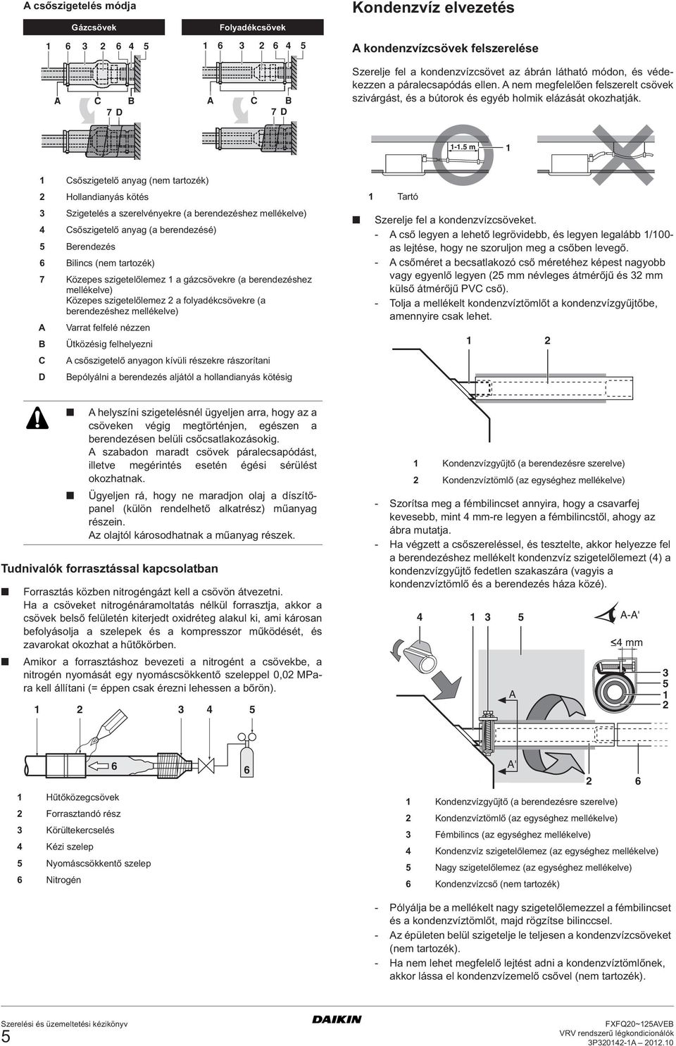 m Csőszigetelő anyag (nem tartozék) Hollandianyás kötés Szigetelés a szerelvényekre (a berendezéshez mellékelve) Csőszigetelő anyag (a berendezésé) Berendezés Bilincs (nem tartozék) 7 Közepes