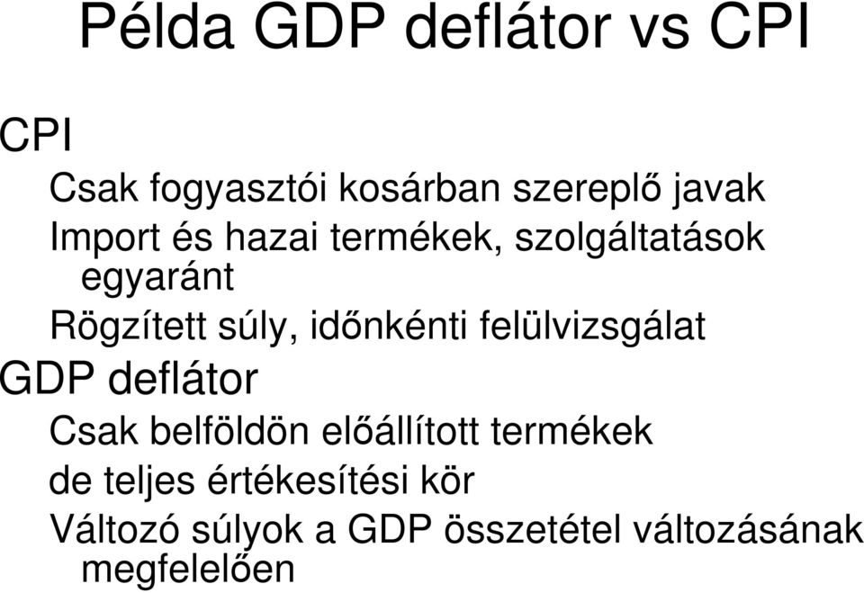 Rögzített súly, időnkénti felülvizsgálat GDP deflátor Csak belföldön előállított