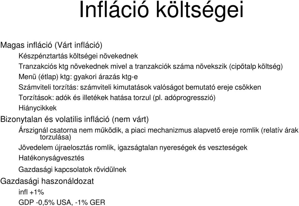 adóprogresszió) Hiánycikkek Bizonytalan és volatilis infláció (nem várt) Árszignál csatorna nem működik, a piaci mechanizmus alapvető ereje romlik (relatív árak