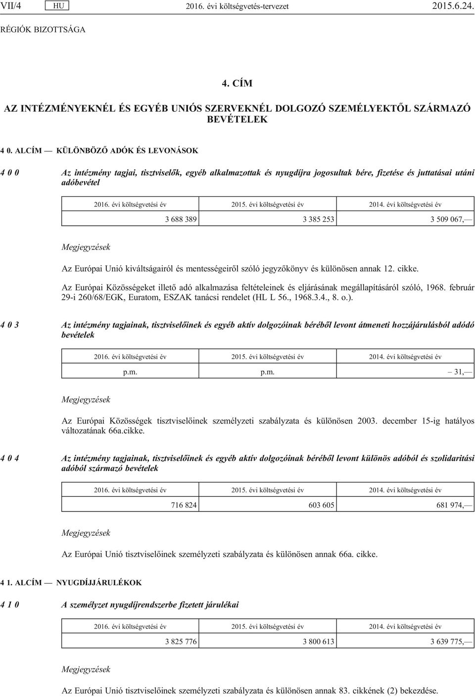 évi költségvetési év 2014. évi költségvetési év 3 688 389 3 385 253 3 509 067, Az Európai Unió kiváltságairól és mentességeiről szóló jegyzőkönyv és különösen annak 12. cikke.