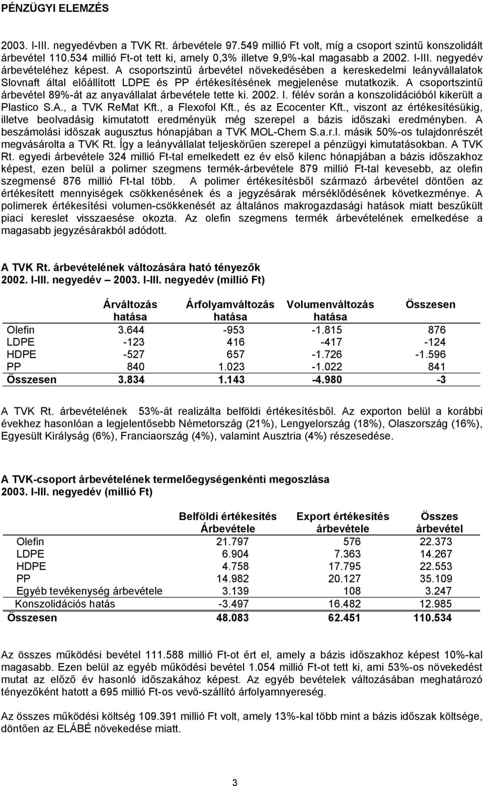 A csoportszintű árbevétel növekedésében a kereskedelmi leányvállalatok Slovnaft által előállított LDPE és PP értékesítésének megjelenése mutatkozik.
