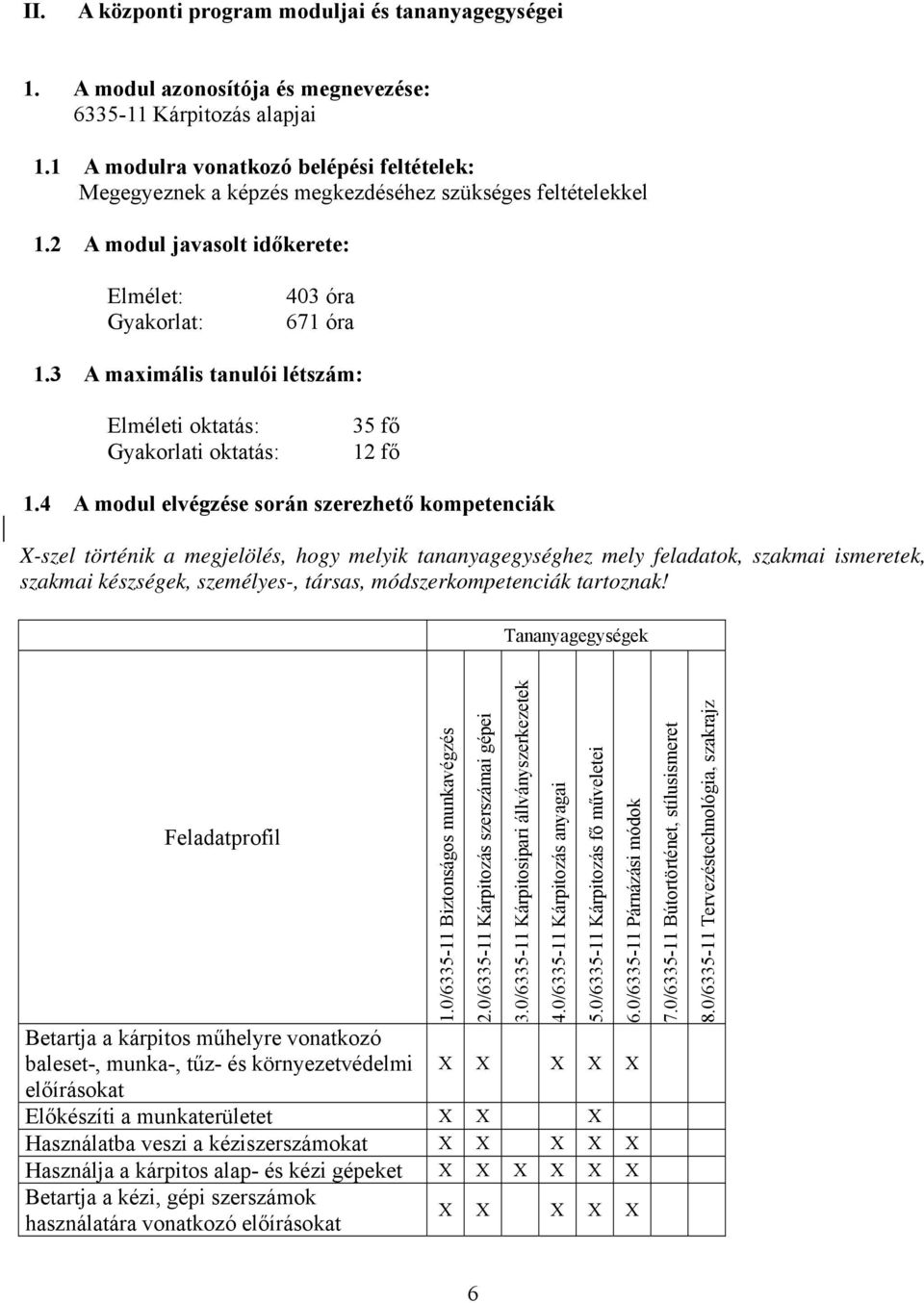 3 A maximális tanulói létszám: Elméleti oktatás: Gyakorlati oktatás: 35 fő 12 fő 1.