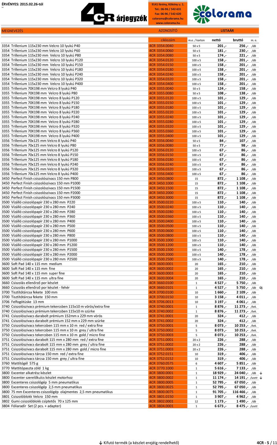 0120 100 x 5 158,- 201,- /db 3354 Trillenium 115x230 mm Velcro 10 lyukú P150 4CR 3354.0150 100 x 5 158,- 201,- /db 3354 Trillenium 115x230 mm Velcro 10 lyukú P180 4CR 3354.