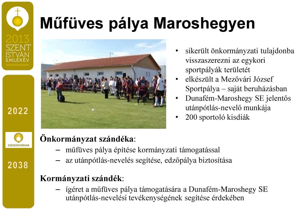 József Sportpálya saját beruházásban Dunafém-Maroshegy SE jelentős utánpótlás-nevelő munkája 200 sportoló kisdiák