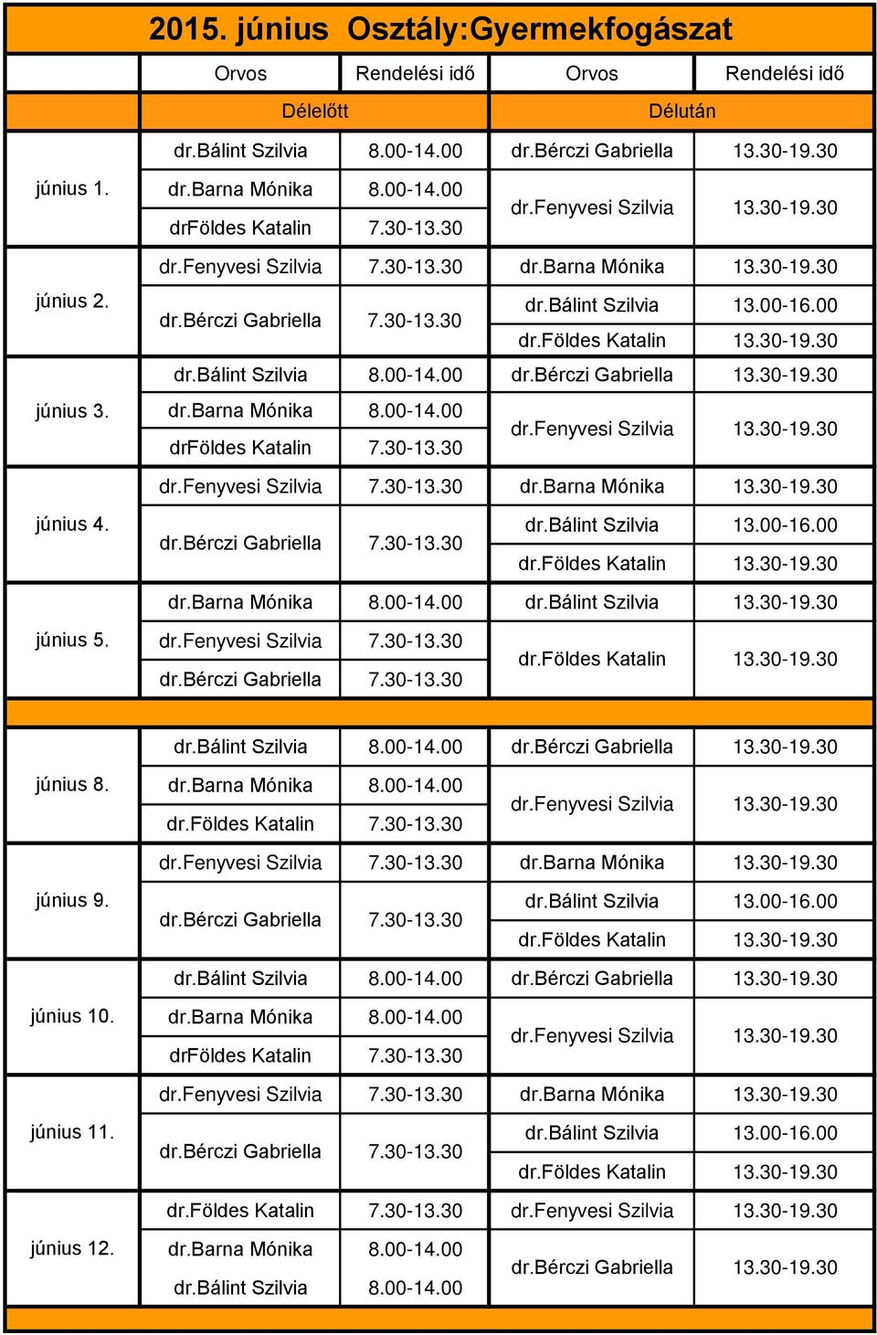 június 4. 7.30-13.30 dr.bálint Szilvia június 5. dr.földes Katalin június 8.