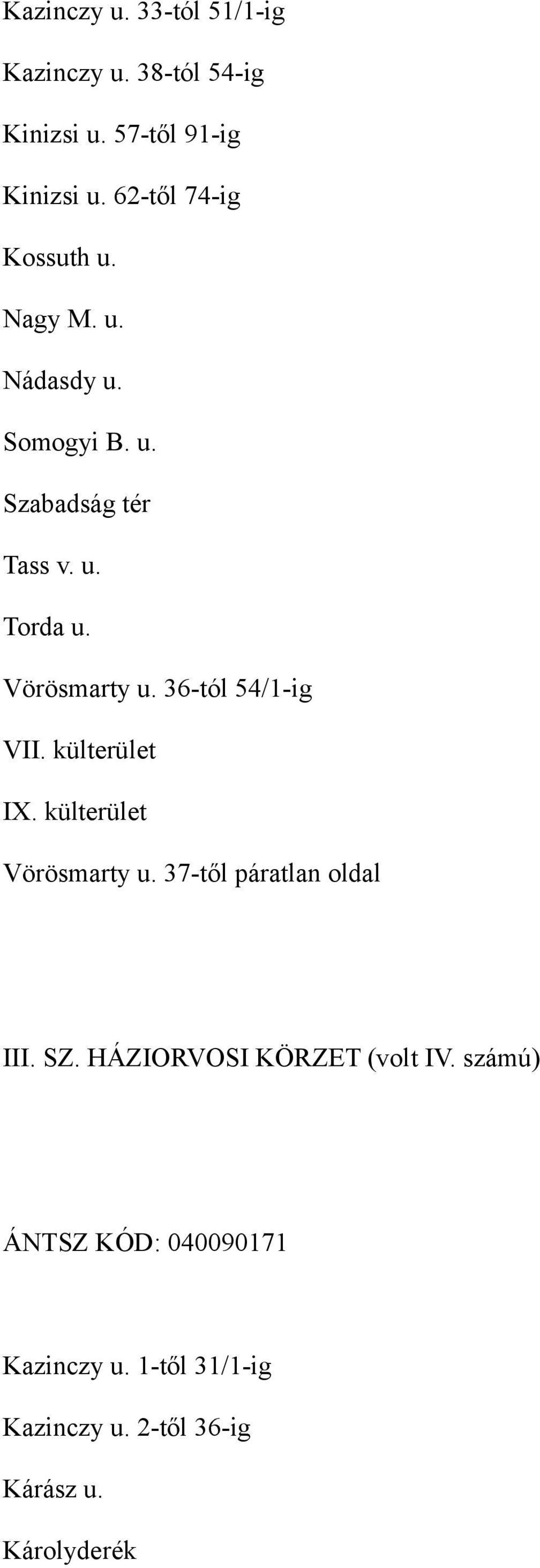 Vörösmarty u. 36-tól 54/1-ig VII. külterület IX. külterület Vörösmarty u. 37-től páratlan oldal III. SZ.