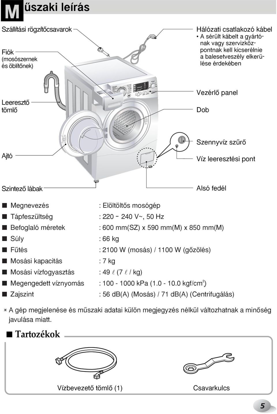 600 mm(sz) x 590 mm(m) x 850 mm(m) Súly : 66 kg Fıtés : 2100 W (mosás) / 1100 W (gœzölés) Mosási kapacitás : 7 kg Mosási vízfogyasztás : 49 l (7 l / kg) Megengedett víznyomás : 100-100