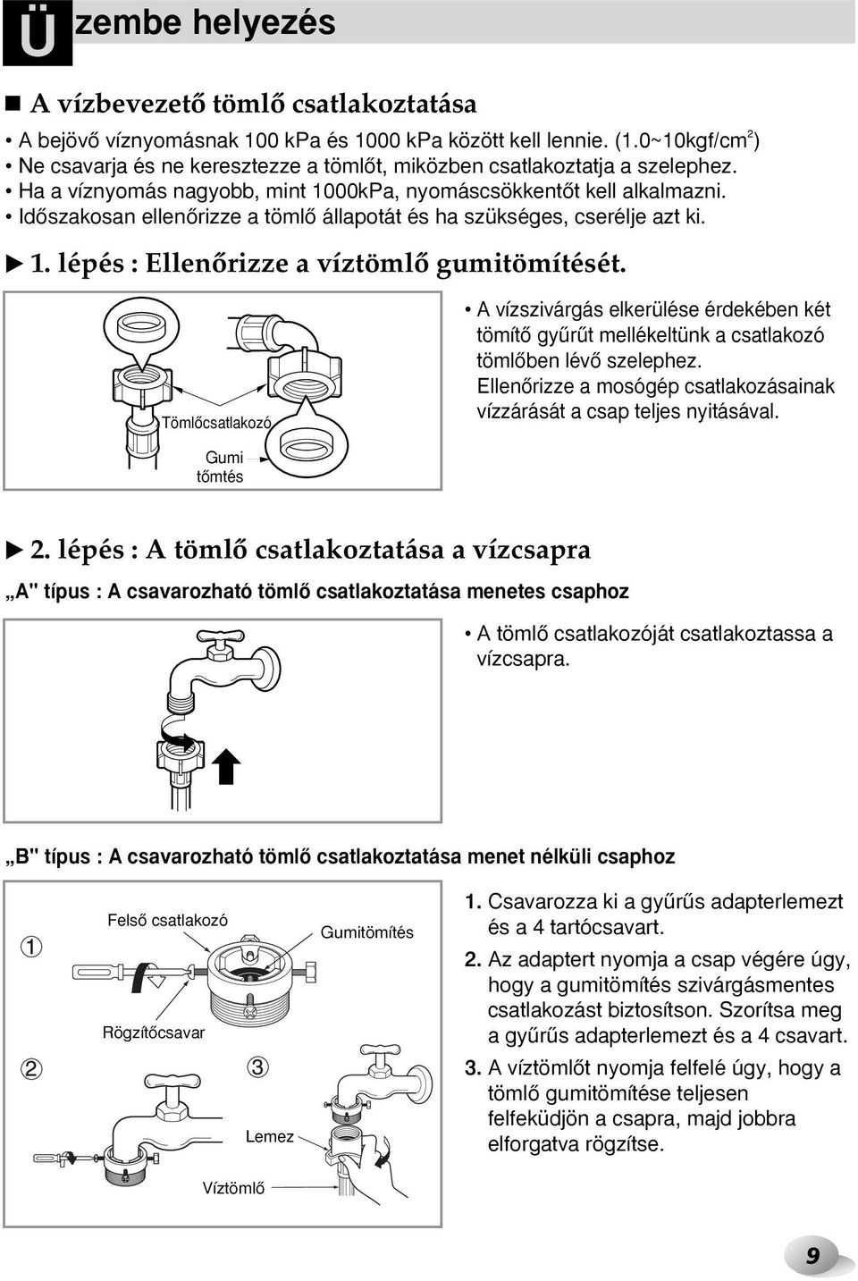 IdŒszakosan ellenœrizze a tömlœ állapotát és ha szükséges, cserélje azt ki. ❿ 1. lépés : EllenŒrizze a víztömlœ gumitömítését.