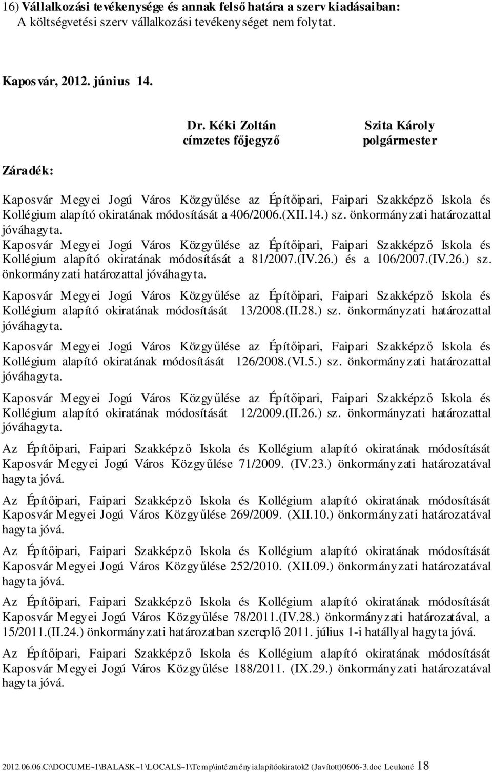 (XII.14.) sz. önkormányzati határozattal jóváhagyta. Kaposvár Megyei Jogú Város Közgyűlése az Építőipari, Faipari Szakképző Iskola és Kollégium alapító okiratának módosítását a 81/2007.(IV.26.
