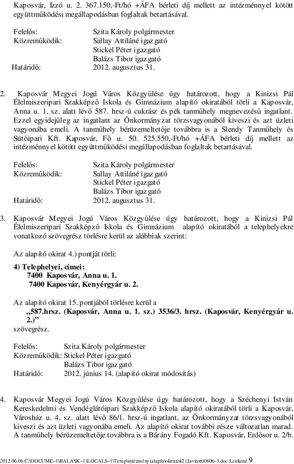 12. augusztus 31. 2. Kaposvár Megyei Jogú Város Közgyűlése úgy határozott, hogy a Kinizsi Pál Élelmiszeripari Szakképző Iskola és Gimnázium alapító okiratából törli a Kaposvár, Anna u. 1. sz.