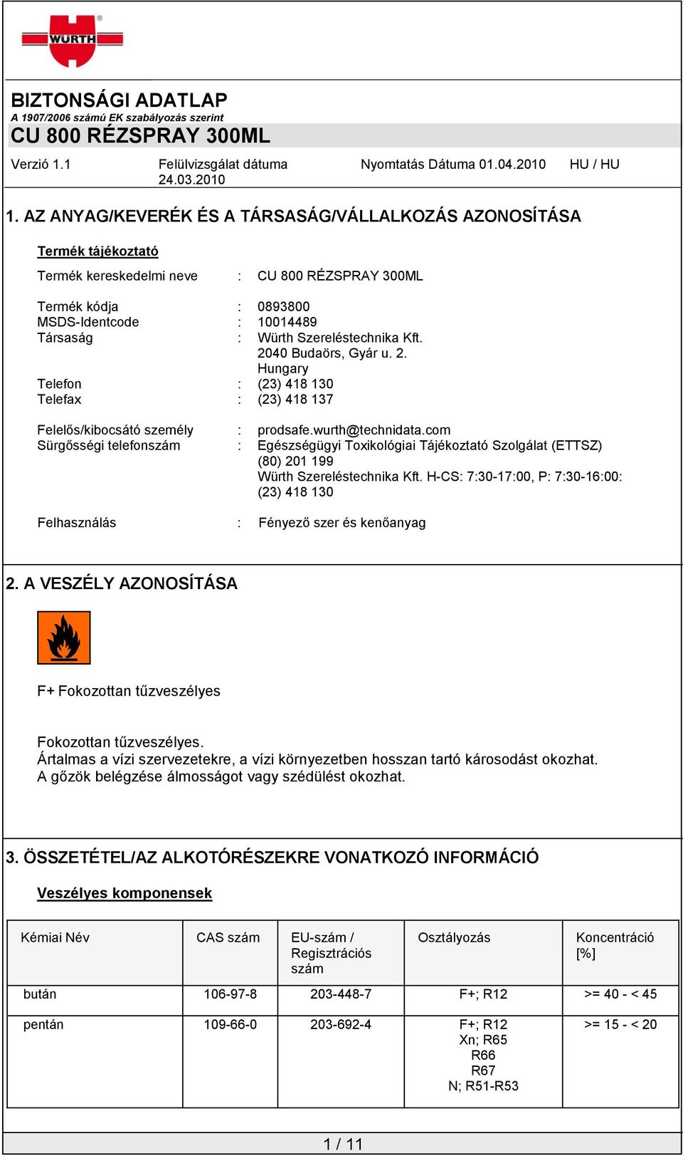 com Sürgősségi telefonszám : Egészségügyi Toxikológiai Tájékoztató Szolgálat (ETTSZ) (80) 201 199 Würth Szereléstechnika Kft.