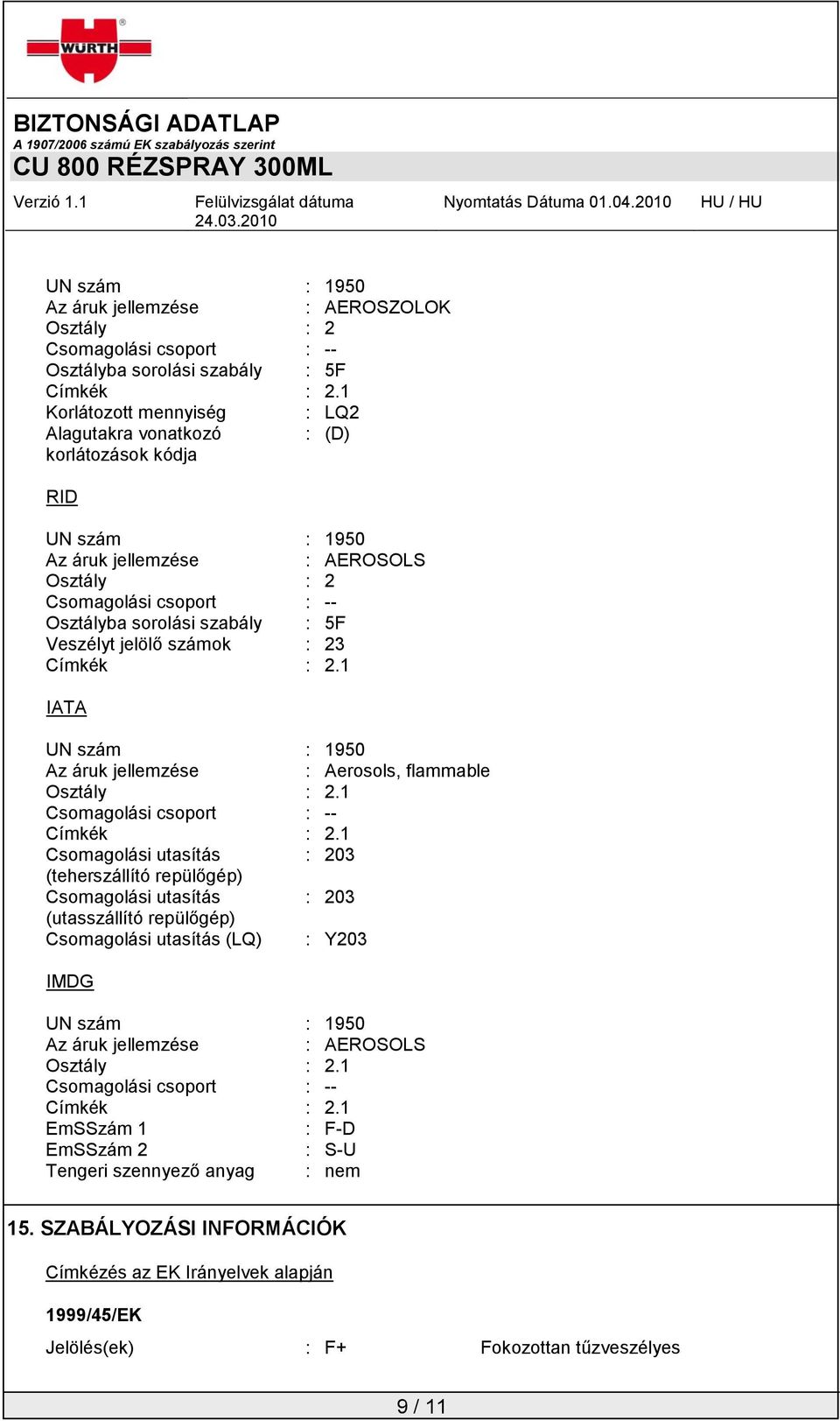 Veszélyt jelölő számok : 23 Címkék : 2.1 IATA UN szám : 1950 Az áruk jellemzése : Aerosols, flammable Osztály : 2.1 Csomagolási csoport : -- Címkék : 2.