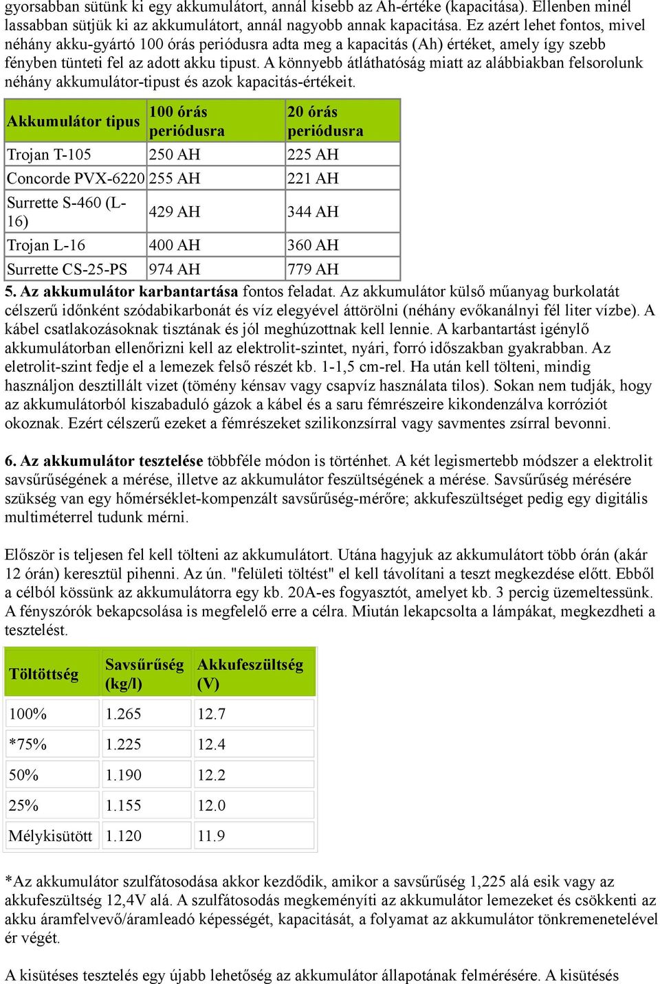 A könnyebb átláthatóság miatt az alábbiakban felsorolunk néhány akkumulátor-tipust és azok kapacitás-értékeit.