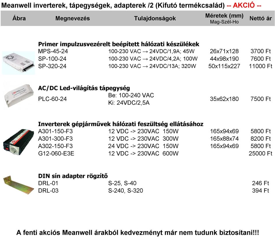 7500 Ft Inverterek gépjárművek hálózati feszültség ellátásához A301-150-F3 12 VDC -> 230VAC 150W 165x94x69 5800 Ft A301-300-F3 12 VDC -> 230VAC 300W 165x88x74 8200 Ft A302-150-F3 24 VDC -> 230VAC