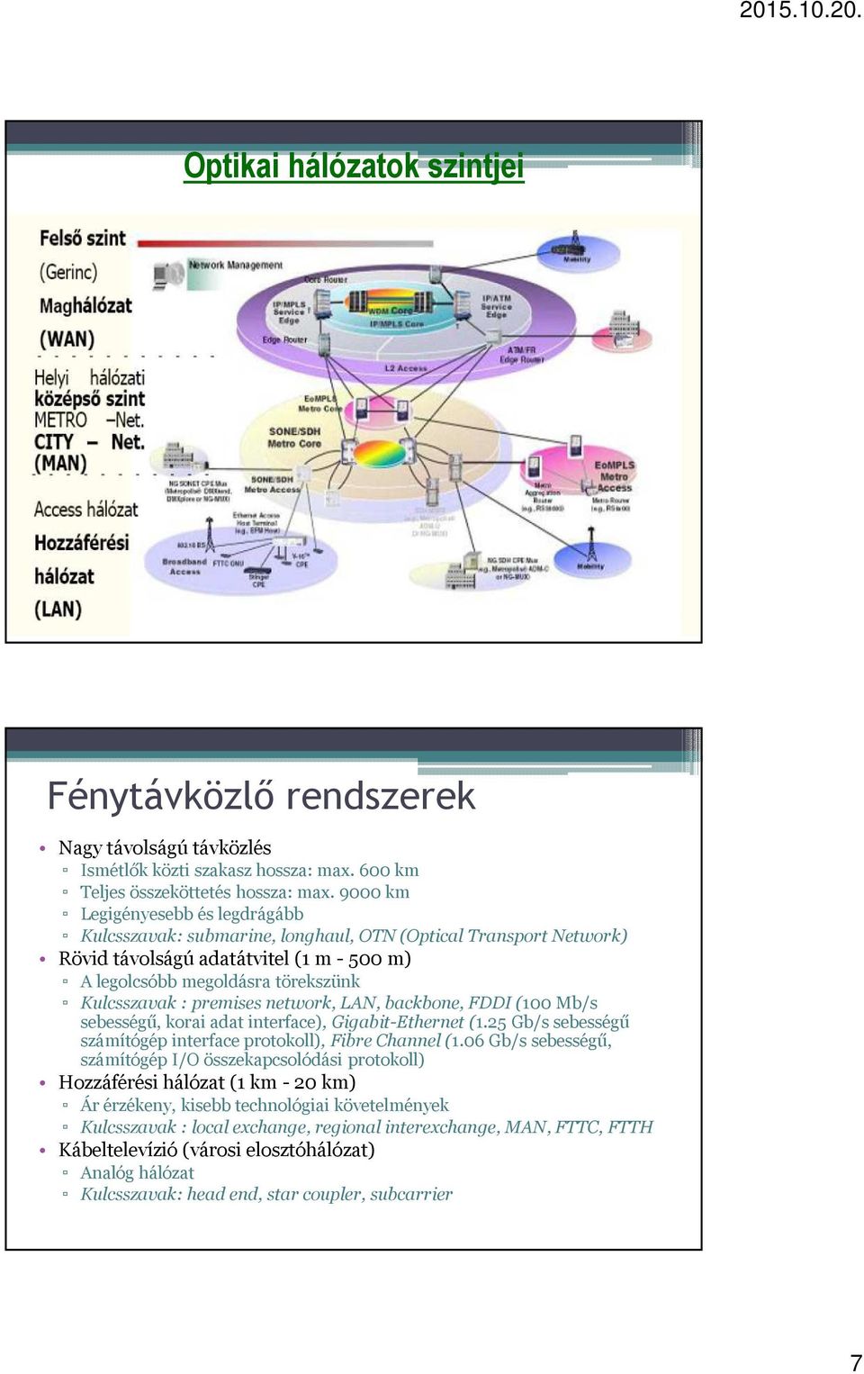 network, LAN, backbone, FDDI(100 Mb/s sebességű, korai adat interface), Gigabit-Ethernet(1.25 Gb/s sebességű számítógép interface protokoll), Fibre Channel(1.