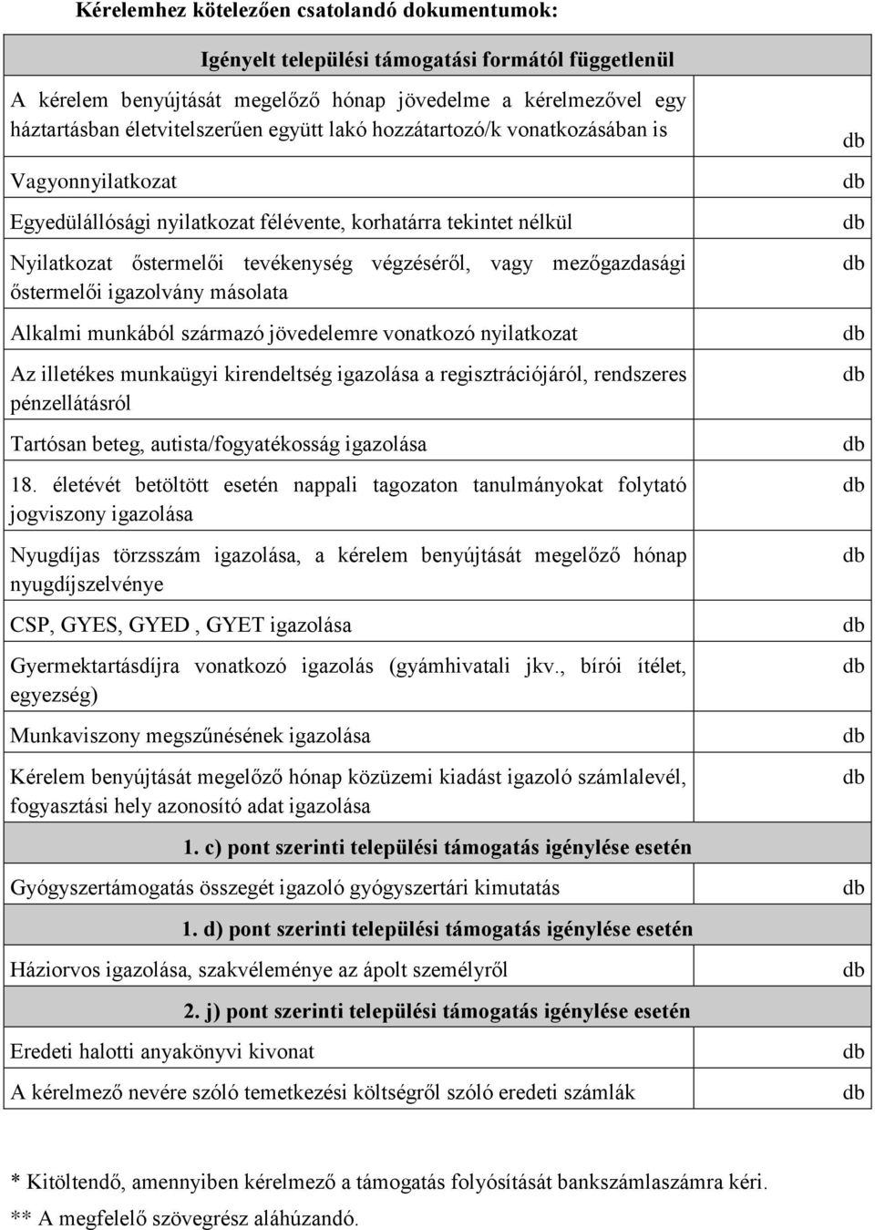 őstermelői igazolvány másolata Alkalmi munkából származó jövedelemre vonatkozó nyilatkozat Az illetékes munkaügyi kirendeltség igazolása a regisztrációjáról, rendszeres pénzellátásról Tartósan beteg,