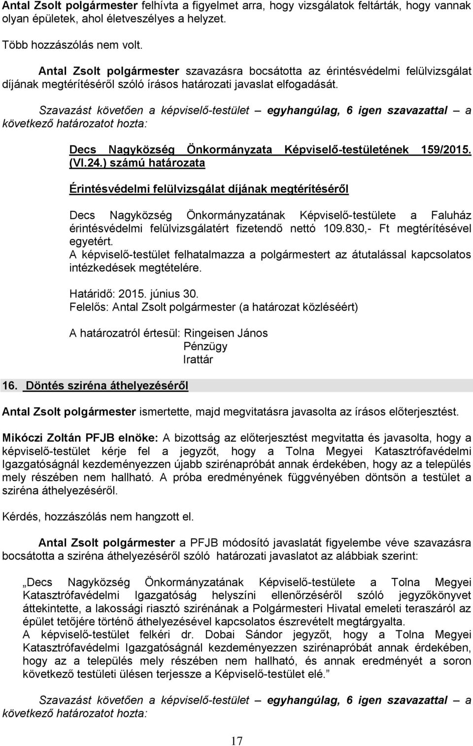 Decs Nagyközség Önkormányzata Képviselő-testületének 159/2015.