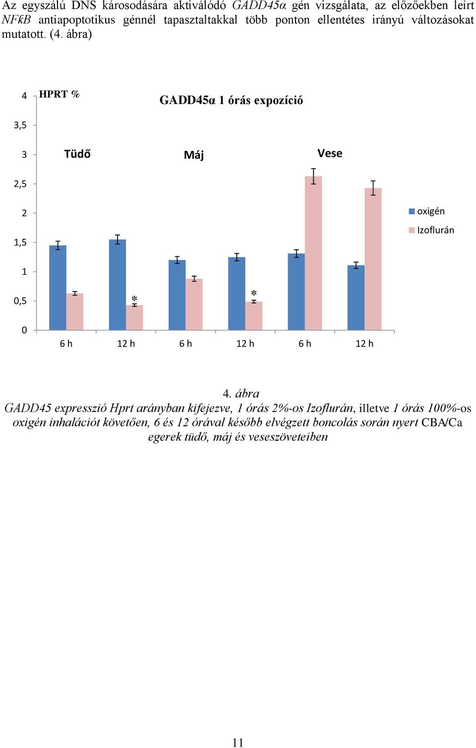 ábra) 4 3,5 HPRT % GADD45α 1 órás expozíció 3 Tüdő Máj Vese 2,5 2 1,5 oxigén Izoflurán 1 0,5 0 6 h 12 h 6 h 12 h 6 h 12 h 4.