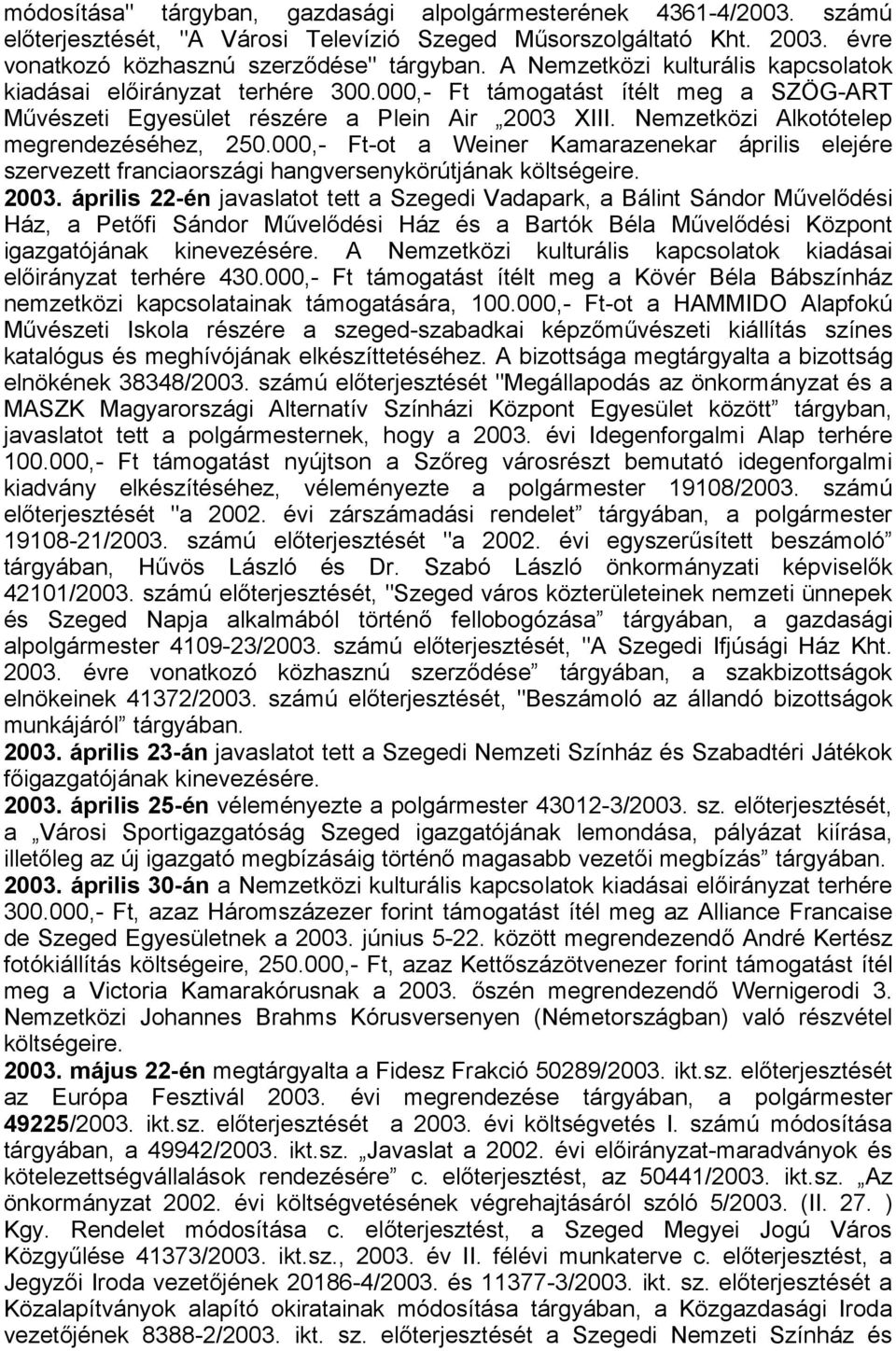 Nemzetközi Alkotótelep megrendezéséhez, 250.000,- Ft-ot a Weiner Kamarazenekar április elejére szervezett franciaországi hangversenykörútjának költségeire. 2003.