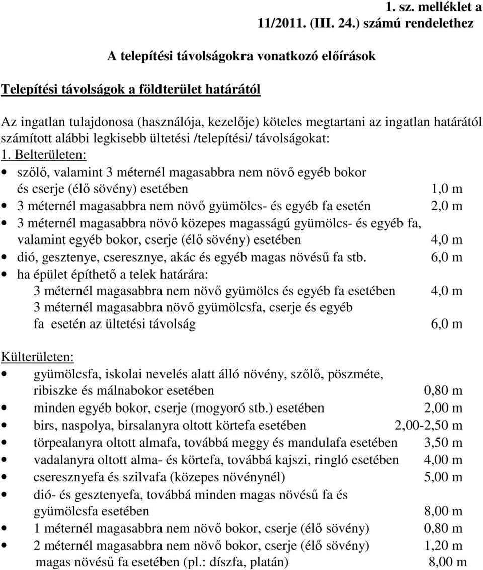 számított alábbi legkisebb ültetési /telepítési/ távolságokat: 1.