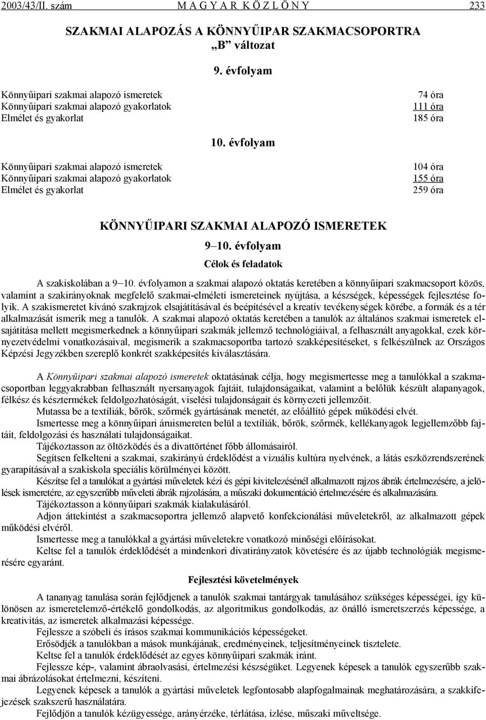 évfolyam Könnyűipari szakmai alapozó ismeretek Könnyűipari szakmai alapozó gyakorlatok Elmélet és gyakorlat 104 óra 155 óra 259 óra KÖNNYŰIPARI SZAKMAI ALAPOZÓ ISMERETEK 9 10.