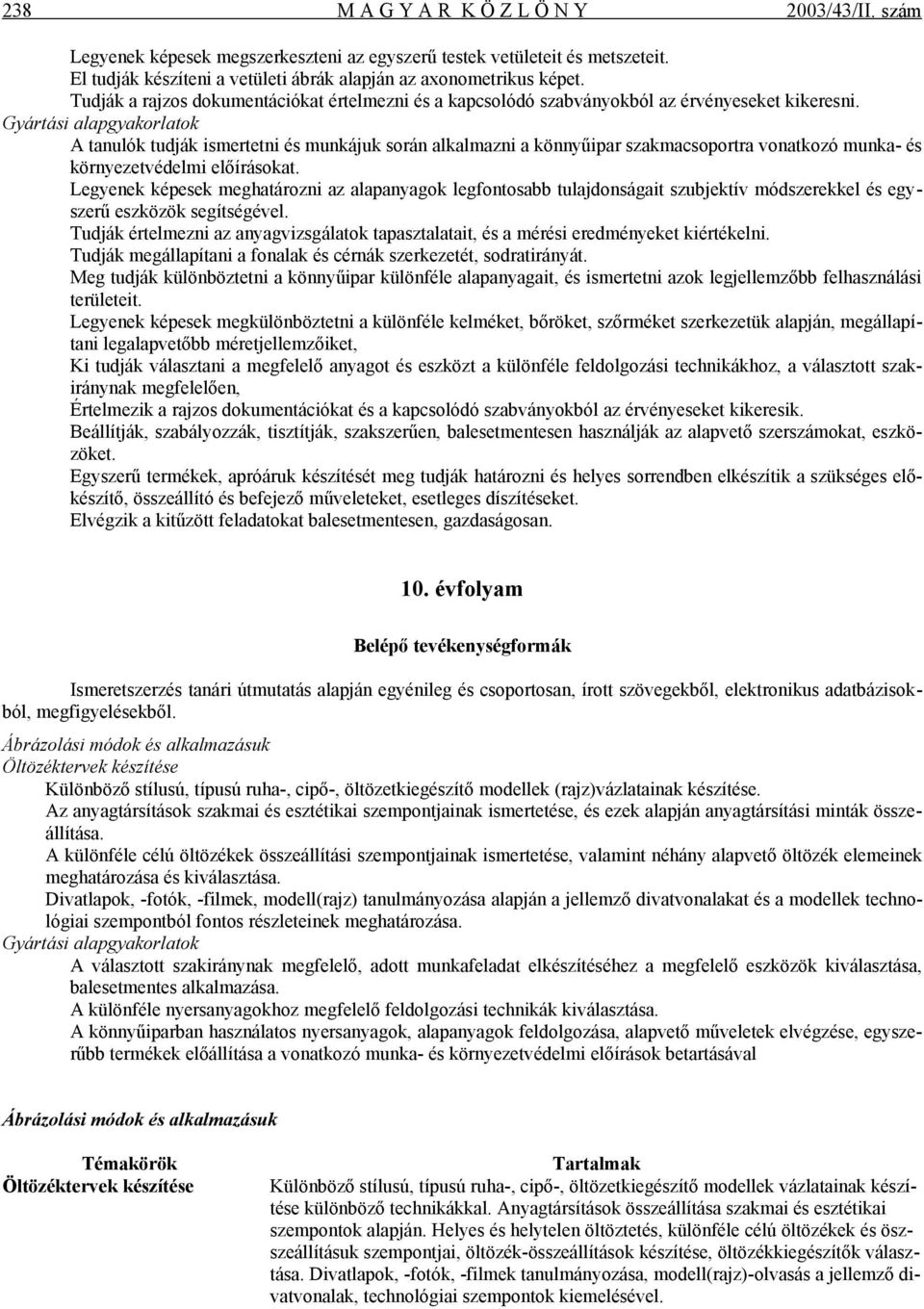 A tanulók tudják ismertetni és munkájuk során alkalmazni a könnyűipar szakmacsoportra vonatkozó munka- és környezetvédelmi előírásokat.